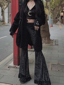 AltGoth Harajuku Punk Gothic Flare Pants Women Grunge Street Vintage Mall Goth Lace Patchwork Hollow Out Dark Black Velvet Pants