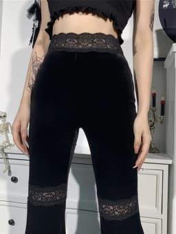 AltGoth Harajuku Punk Gothic Flare Pants Women Grunge Street Vintage Mall Goth Lace Patchwork Hollow Out Dark Black Velvet Pants