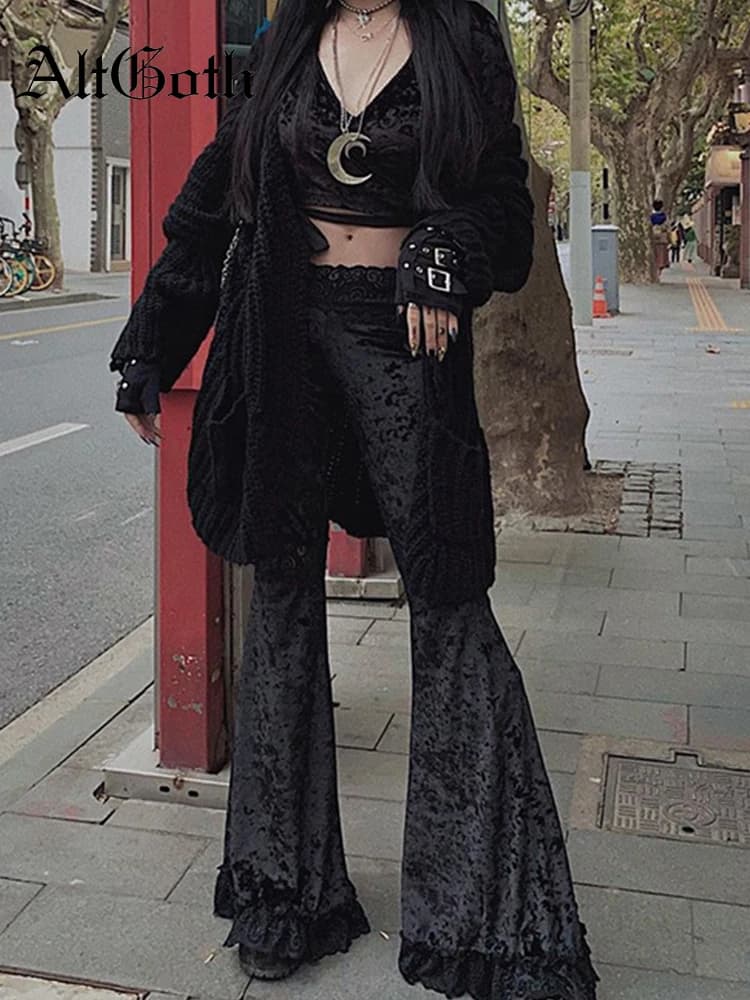 AltGoth Harajuku Punk Gothic Flare Pants Women Grunge Street Vintage Mall Goth Lace Patchwork Hollow Out Dark Black Velvet Pants