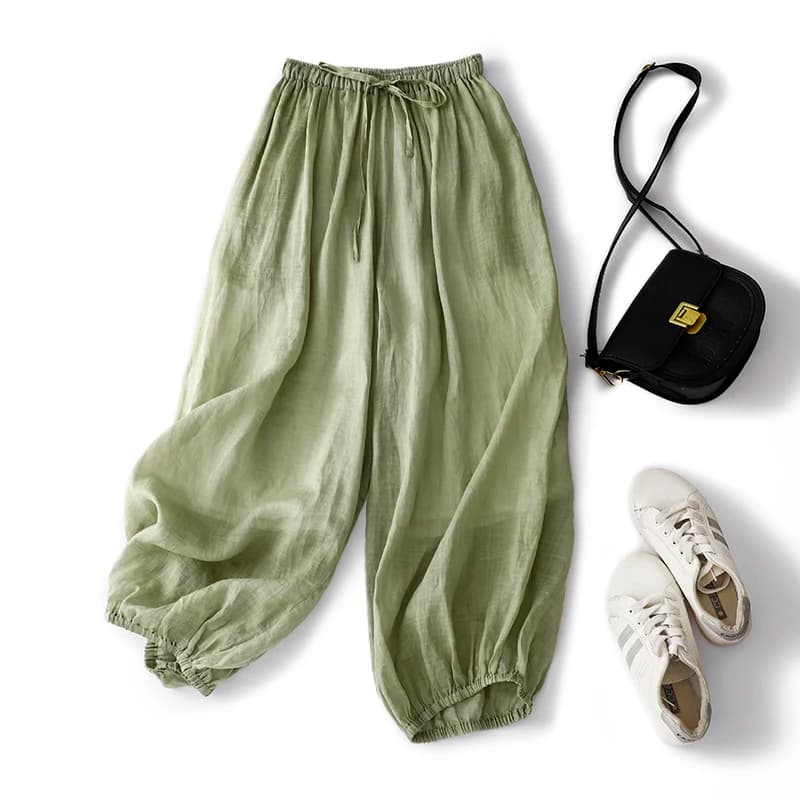 Premium Hemp Summer Casual Elastic Waist Loose Lantern Pants Women's High-End Original Style Cotton Nine-Piece Pants