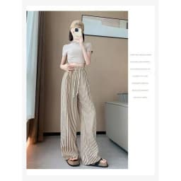 Trendy Striped Wide Leg Pants Women's Slim Fit High Waist Drapey Straight Loose Casual Summer Trousers Comfortable Lazy Pants
