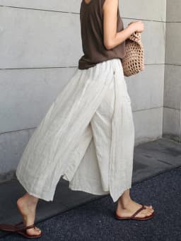 Retro Bohemian Nine-Foot Skirt Pants Women's Thin Fake Two-Piece Cotton Linen Loose Slimming Slit Wide Leg Straight Tube Pants