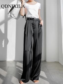 Summer Autumn Women's Pants Loose Classic Black Straight High Waist Casual Korean Silk Satin Wide Leg Trousers for Women Pants