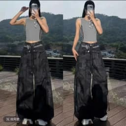 American Sweet Hot Women Camo Print Cargo Pants Attached Waist Skirt Overlay High Waist Wide Leg Streetwear Trousers New Summer