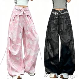 American Sweet Hot Women Camo Print Cargo Pants Attached Waist Skirt Overlay High Waist Wide Leg Streetwear Trousers New Summer