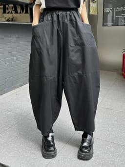 [EAM] High Elastic Waist Black Brief Pocket Casual Harem Pants New Trousers Women Fashion Tide Spring Autumn 20261DJ1385