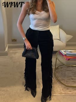 Casual Tassels Trousers Women's Solid Faux Suede Zipper Button Long Pants 2026 Spring New Female Fashion Streetwear