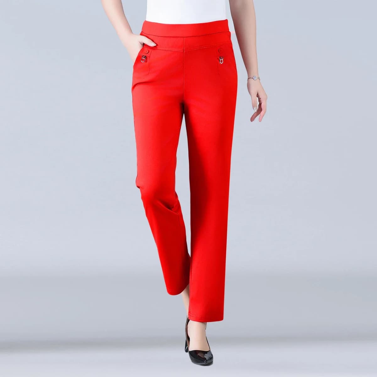 Candy Color Korean Stretch Pants Slim High Waist Straight Pants Women Trouser Patchwork Pocket Casual Thin Classic Pantalones