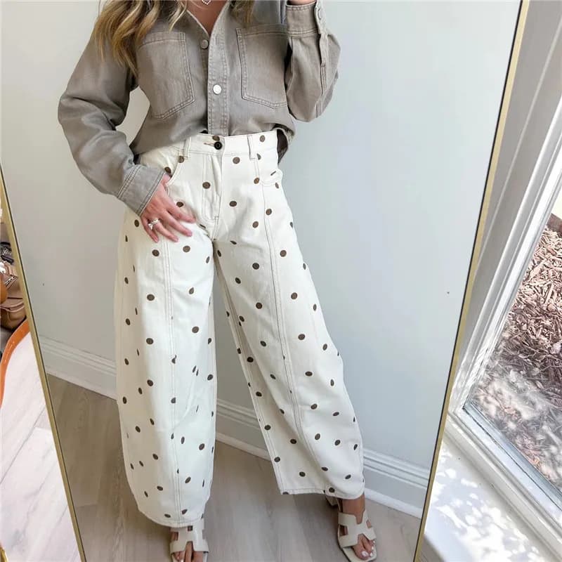 Y2K Polka Dot Jeans Women Vintage Stretch Wide Leg Denim Pants Casual Distressed Baggy Boyfriend Jeans with Pockets