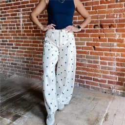 Y2K Polka Dot Jeans Women Vintage Stretch Wide Leg Denim Pants Casual Distressed Baggy Boyfriend Jeans with Pockets
