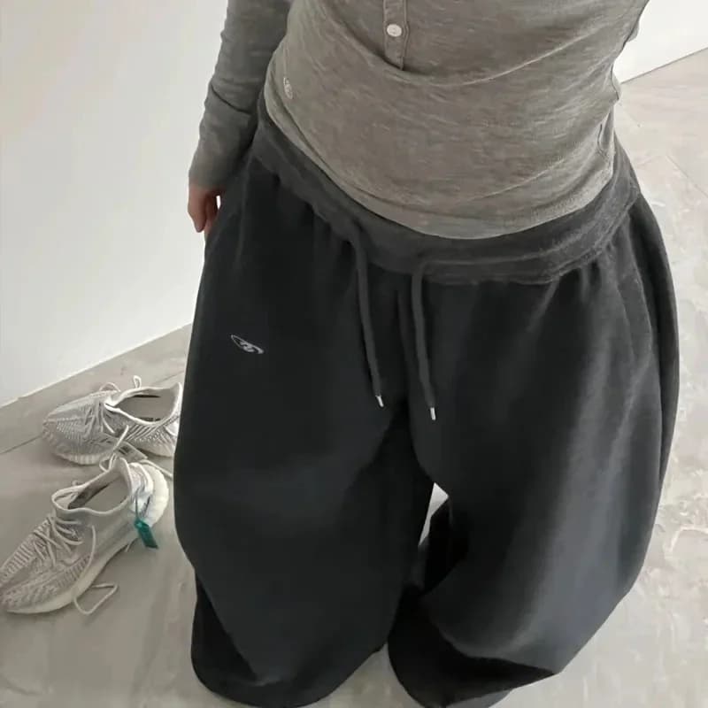 Retro American Hip-Hop High Waist Wide-Leg Sweatpants for Women Casual Black Korean Streetwear Loose Jogging Pants
