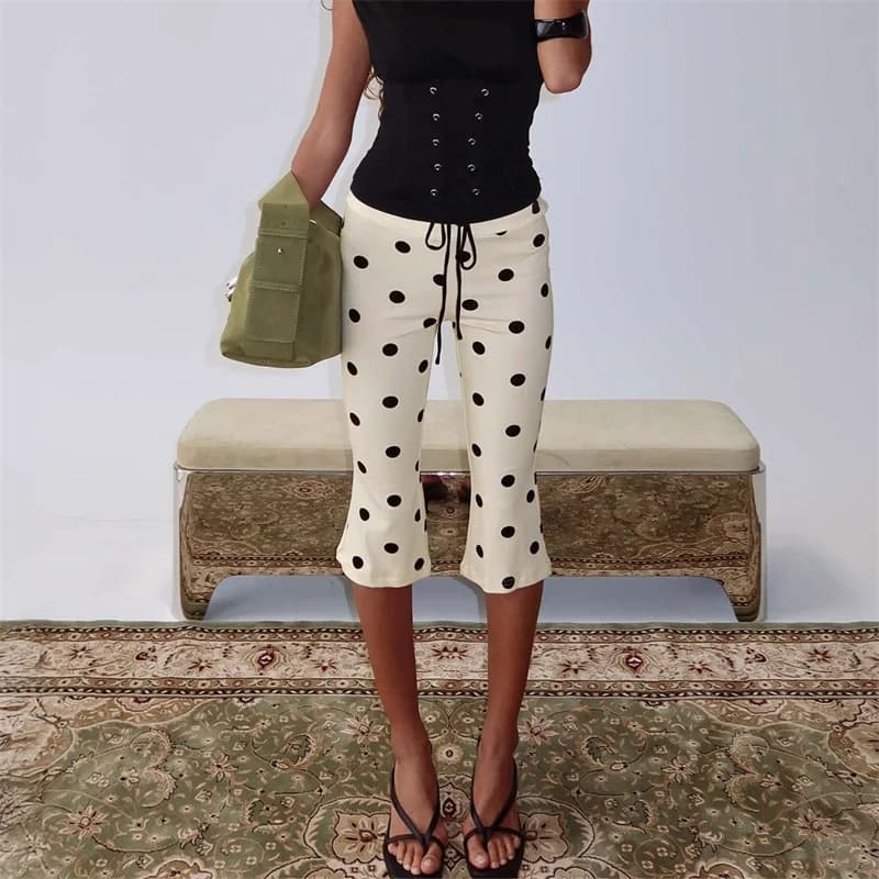 Y2K Vintage Polka Dot Capri Pants for Women High Waist Slim Fit Cropped Pants Trousers Elegant Ladies Casual Summer Streetwear