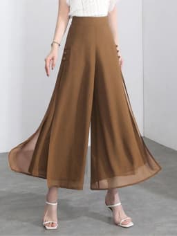 ZUZK Women Side Slit Chiffon Pants Summer Thin Elastic Waist Wide Leg Pants Chic Droop Trousers Chinese Style Nine Point Pants
