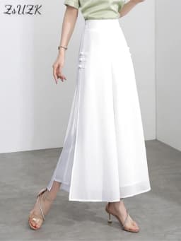 ZUZK Women Side Slit Chiffon Pants Summer Thin Elastic Waist Wide Leg Pants Chic Droop Trousers Chinese Style Nine Point Pants
