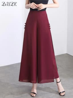 ZUZK Women Side Slit Chiffon Pants Summer Thin Elastic Waist Wide Leg Pants Chic Droop Trousers Chinese Style Nine Point Pants
