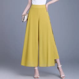 ZUZK Women Side Slit Chiffon Pants Summer Thin Elastic Waist Wide Leg Pants Chic Droop Trousers Chinese Style Nine Point Pants