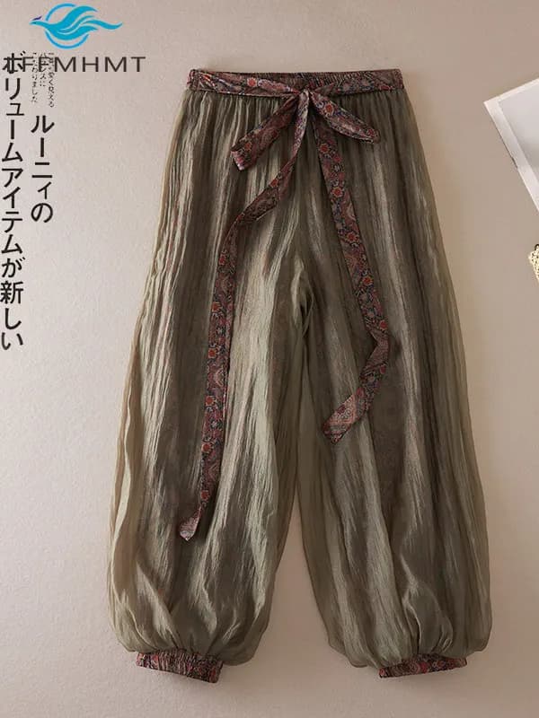 Women Boho Floral Print Pants Linen Wide Leg Vintage Female Elastic Waist Soft Comfortable Summer Fashion Casual Lantern Trouser
