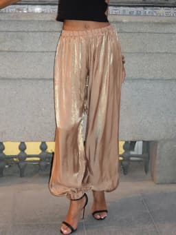 Mueyaruho 2026 Summer Autumn Women Shimmer Lantern Bloomers Pants Loose Crepe Baggy Harem Balloon Trousers Pants For Women