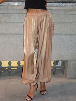 Mueyaruho 2026 Summer Autumn Women Shimmer Lantern Bloomers Pants Loose Crepe Baggy Harem Balloon Trousers Pants For Women