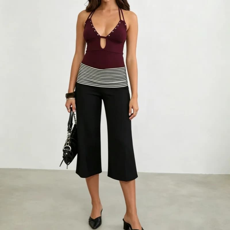 Womens Striped Fold Over Lounge Capri Pants Low Rise Wide Leg Gaucho Pants Yoga Culottes Casual Foldover Bottoms
