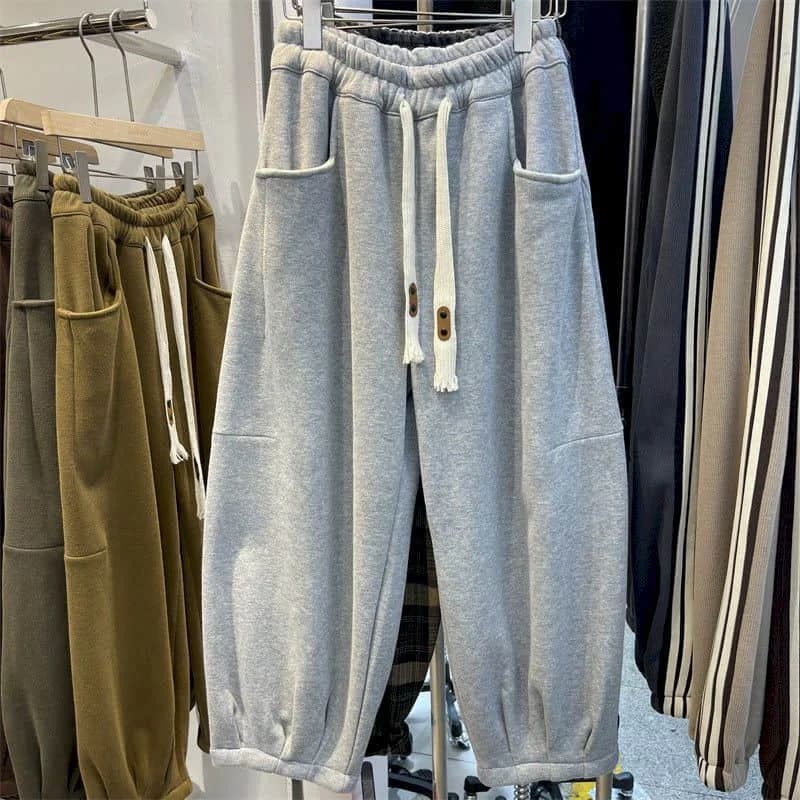 Cargo Pants Women Sporty Solid Plush Sweatpants Korean Style Casual Drawstring Elastic Waisted Streetwear Clothing Harem Pants