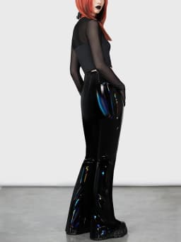 Sexy Faux Latex Hollowed Out Navel Flare Pants Women High Waist Gothic Zip Patent Leather Trousers Custom Wet Look Slim Pants