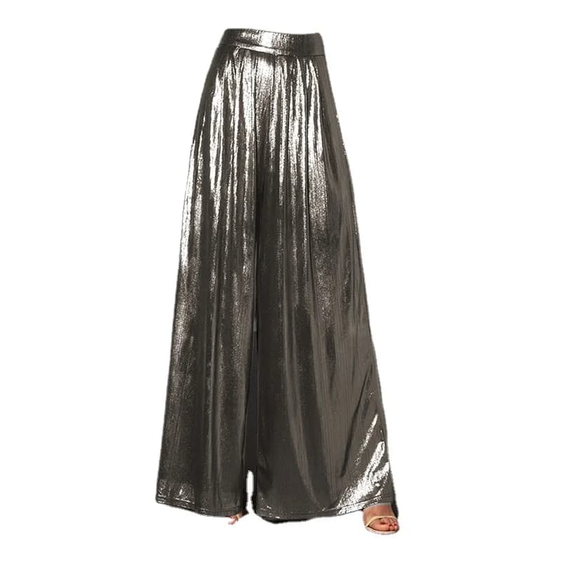 Ladies' Shiny Metallic High Waist Pleated Wide Legs Long Pants, Loose Trousers, Glitter Casual Street Fashion, Summer, 7XL
