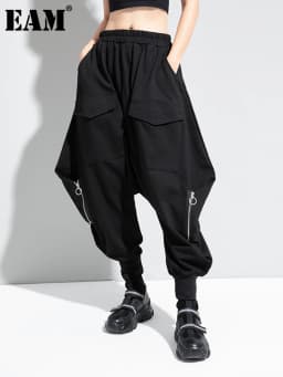 [EAM] High Elastic Waist Black Brief Long Harem Trousers New Loose Fit Pants Women Fashion Tide Spring Autumn 2026 1DC778