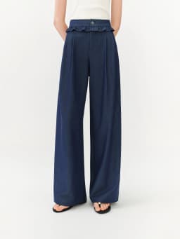 FSLE 2026 Summer Women Ruffle Trim Straight Leg Pants, High Waist Slimming Casual Trousers for Daily Commute Soft Feminine Style