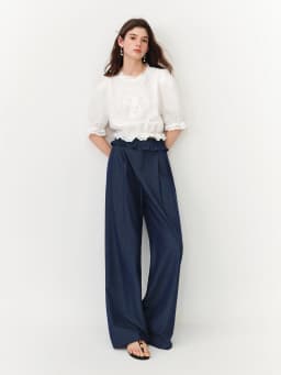 FSLE 2026 Summer Women Ruffle Trim Straight Leg Pants, High Waist Slimming Casual Trousers for Daily Commute Soft Feminine Style