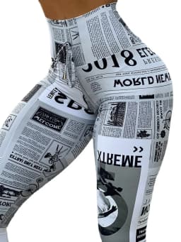 New Trend Women Newspaper Print Butt Lifting Pants 2025 Summer Femme Anime High Waist Skinny Trousers Sporty Lady Clothing