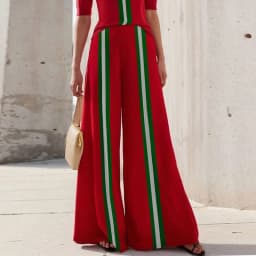 Krisstarsgirls Green White Striped Trousers Women 2025 Summer Spring Red Elastic Waist Wide Leg Contrast Color Long Pants Female
