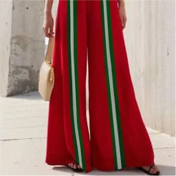 Krisstarsgirls Green White Striped Trousers Women 2025 Summer Spring Red Elastic Waist Wide Leg Contrast Color Long Pants Female