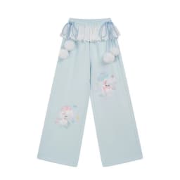 Pink Japanese Kawaii Lolita Style Wide Leg Pants Women Sweet Puppy Embroidery Lace Patchwork Trousers Girls Casual Sweatpants