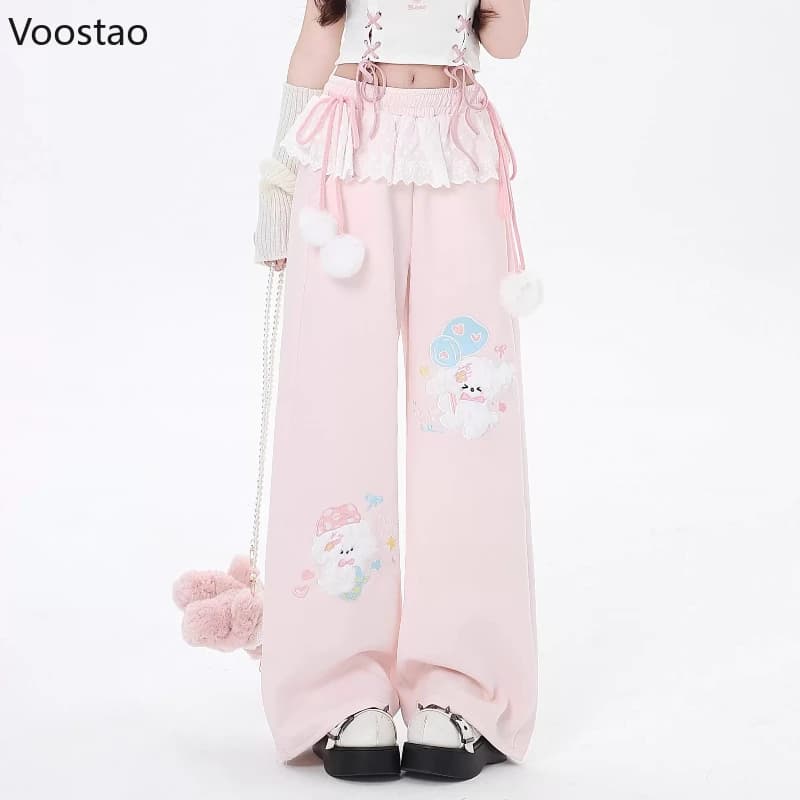 Pink Japanese Kawaii Lolita Style Wide Leg Pants Women Sweet Puppy Embroidery Lace Patchwork Trousers Girls Casual Sweatpants