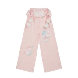 Pink Japanese Kawaii Lolita Style Wide Leg Pants Women Sweet Puppy Embroidery Lace Patchwork Trousers Girls Casual Sweatpants