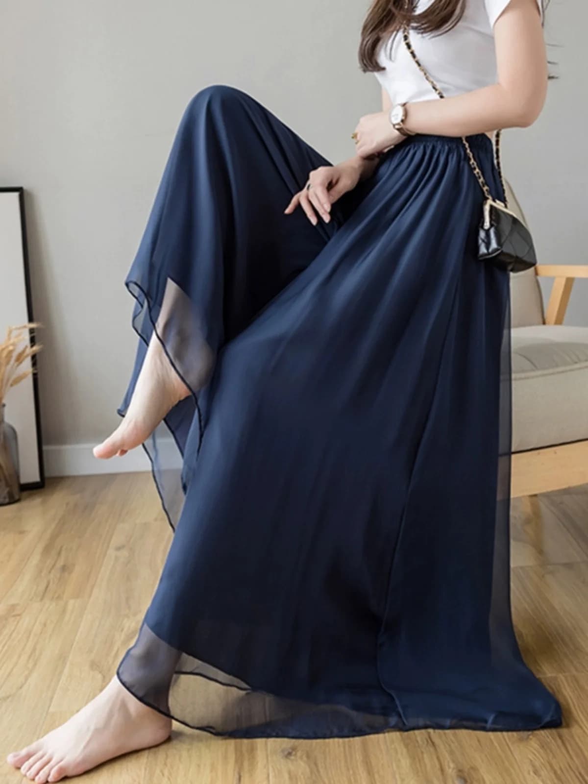 Spring Summer Thin Chiffon Wide Leg Pants Women's New High Waist Draped Nine Points Skirt Loose Elastic Waist plus Size Pants