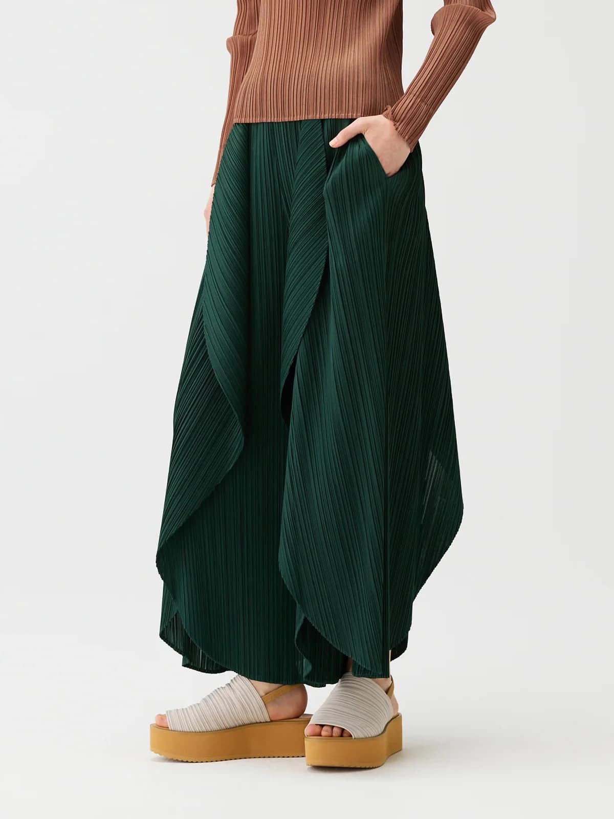 Miyake Pleated Elastic Waistband Flared Leaf Fold Pants