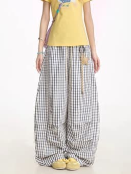 Jmprs Loose Casual Plaid Wide Leg Pant Women High Waist Vintage Straight Trousers Summer Oversize Simple Lace Up Lady Pants New