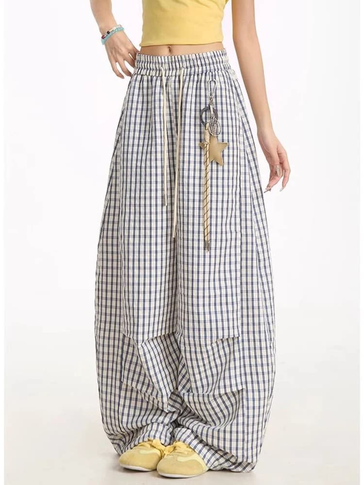 Jmprs Loose Casual Plaid Wide Leg Pant Women High Waist Vintage Straight Trousers Summer Oversize Simple Lace Up Lady Pants New