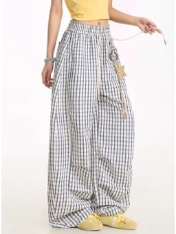Jmprs Loose Casual Plaid Wide Leg Pant Women High Waist Vintage Straight Trousers Summer Oversize Simple Lace Up Lady Pants New