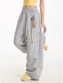 Jmprs Loose Casual Plaid Wide Leg Pant Women High Waist Vintage Straight Trousers Summer Oversize Simple Lace Up Lady Pants New