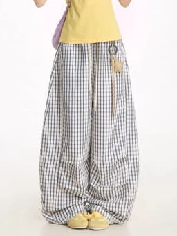 Jmprs Loose Casual Plaid Wide Leg Pant Women High Waist Vintage Straight Trousers Summer Oversize Simple Lace Up Lady Pants New