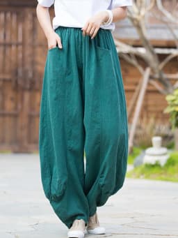 Johnature Women Casual Linen Wide Leg Pants Elastic Waist Solid Color Trouser Spring New 2026 Pockets Loose Vintage Long Pants