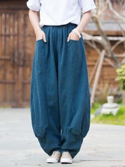 Johnature Women Casual Linen Wide Leg Pants Elastic Waist Solid Color Trouser Spring New 2026 Pockets Loose Vintage Long Pants