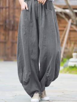 Johnature Women Casual Linen Wide Leg Pants Elastic Waist Solid Color Trouser Spring New 2026 Pockets Loose Vintage Long Pants