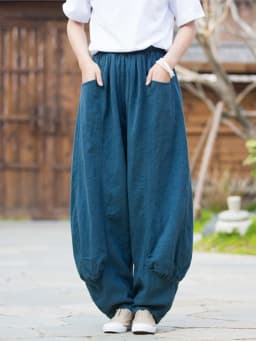 Johnature Women Casual Linen Wide Leg Pants Elastic Waist Solid Color Trouser Spring New 2026 Pockets Loose Vintage Long Pants