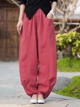 Johnature Women Casual Linen Wide Leg Pants Elastic Waist Solid Color Trouser Spring New 2026 Pockets Loose Vintage Long Pants