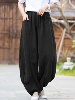 Johnature Women Casual Linen Wide Leg Pants Elastic Waist Solid Color Trouser Spring New 2026 Pockets Loose Vintage Long Pants
