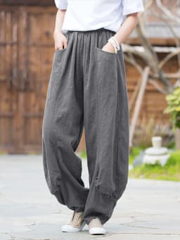 Johnature Women Casual Linen Wide Leg Pants Elastic Waist Solid Color Trouser Spring New 2026 Pockets Loose Vintage Long Pants